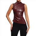 thumbnail image 2 of Camiseta Sin Mangas de Sintético con Cuello Alto, Plisada y Ajustada para Mujer. Vino Tinto M, 2 of 10