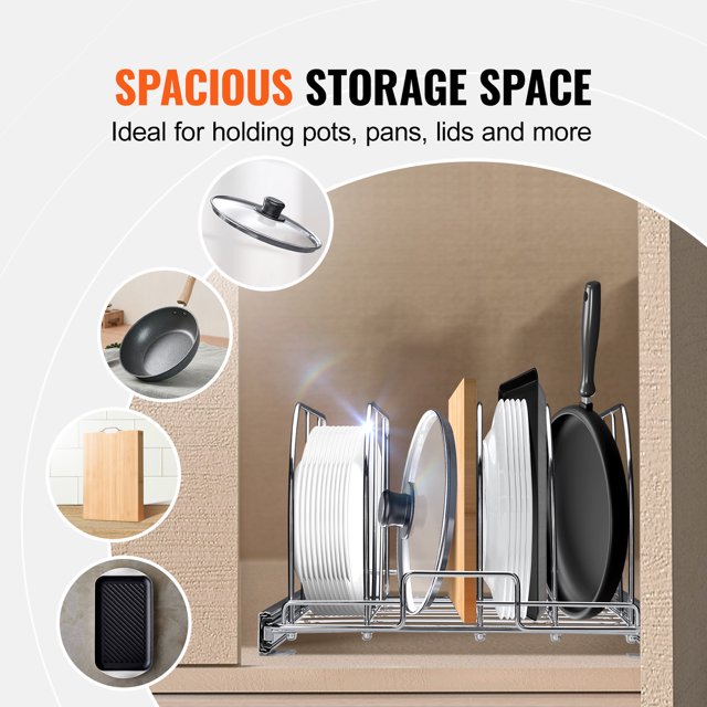 VEVOR - Estante para sartenes y ollas, organizador extensible extraíble debajo del gabinete, bandeja para hornear galletas, divisores de alambre ajustables, soporte de tapa de acero