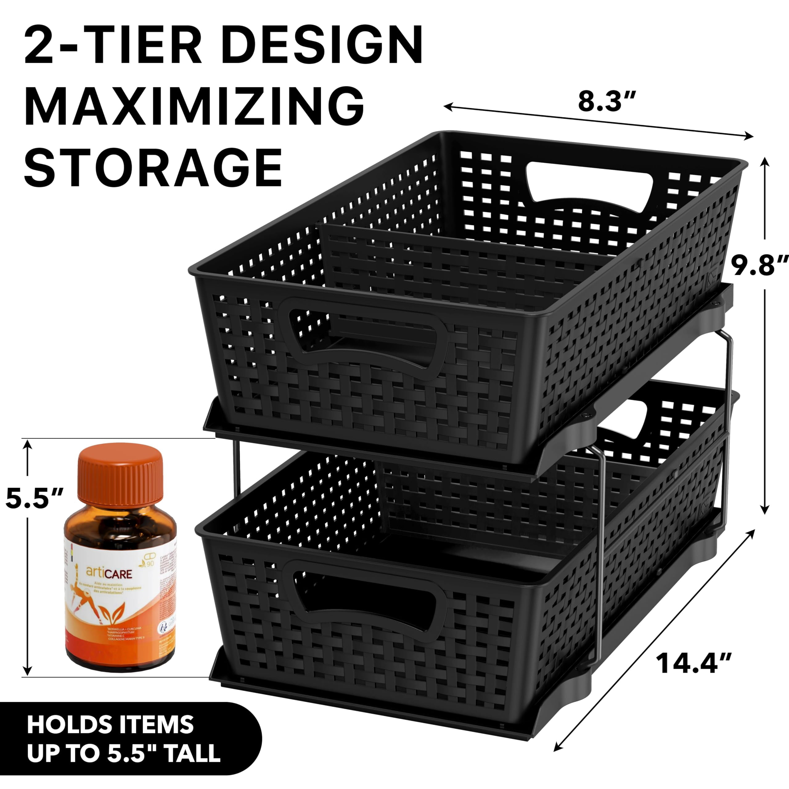 2 Tier Bathroom Organizer Tray Pull-out Sliding Drawer  Under Sink Storage Black