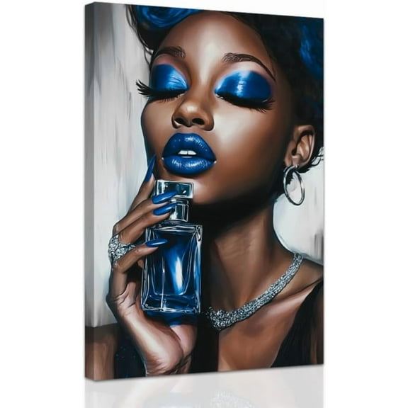 AVOI Blue African American Wall Art Black Women Art Wall Decor Elegant Woman Canvas Prints Fashion Charm Girl Poster for Female Bedroom Home Unframe: 12x12in