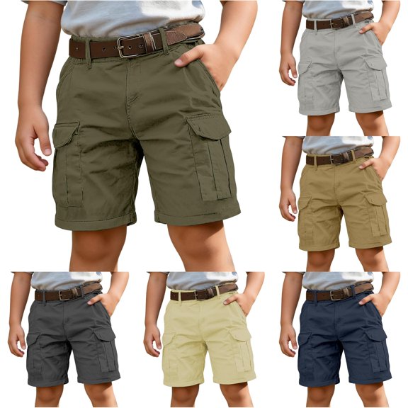 YMNXA Children Boys Cargo Shorts With Multiple Pockets High Waist Solid Color Wide Leg Lightweight Breathable Shorts For Daily Wear,Army Green,9-10 Years
