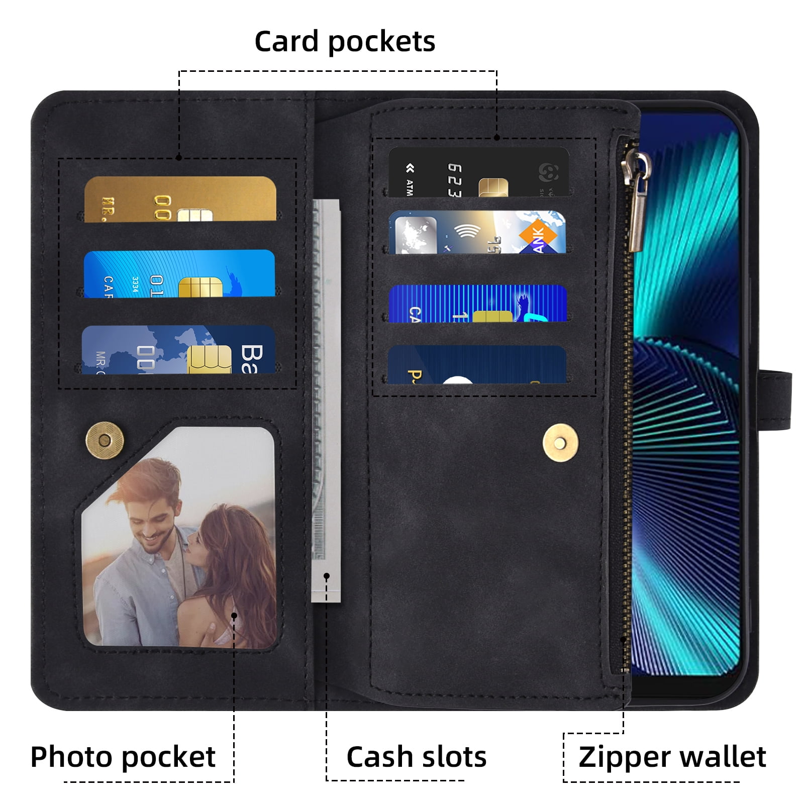 Asuwish Phone Case for Tracfone BLU View Speed 5G Wallet Cover With Tempered Glass Screen Protector Crossbody Wrist Strap Flip Pattern Zipper Credit Card Holder Cell BLUE ViewSpeed B1550VL Men Black
