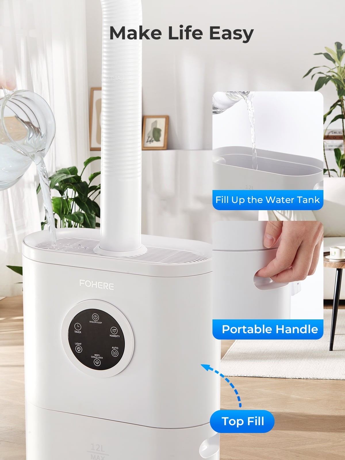 12L Large Room Cool Mist Humidifier, Ultrasonic Floor Humidifier with Smart Humidity Control, 24H Timer, Sleep Mode, Auto Shut Off, Quiet Top Fill Design, Ideal for Home, Baby Nursery, Plants, White