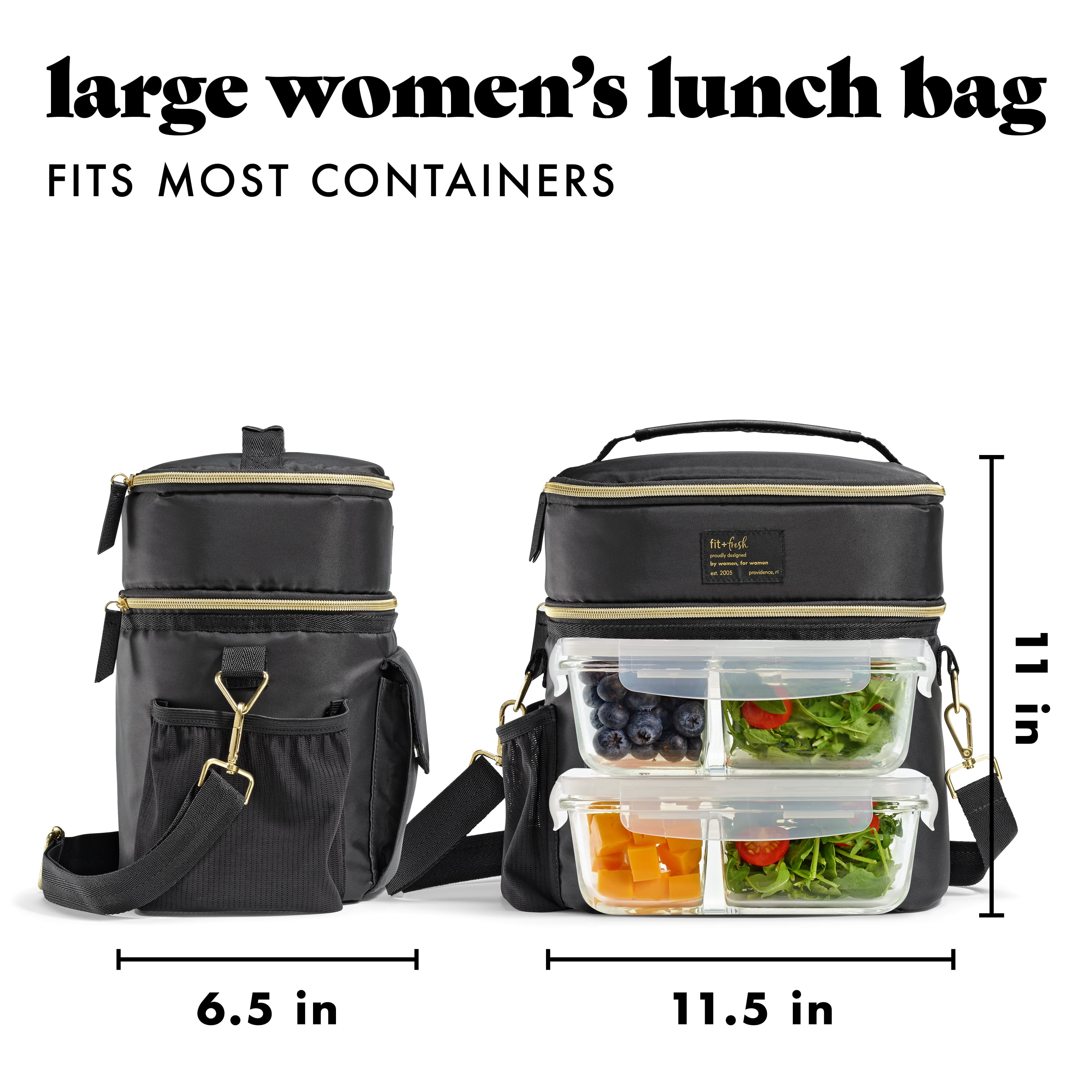 Fit + Fresh Dual Compartment Lunch Bag For Women, Insulated Lunch Box With Containers, Black