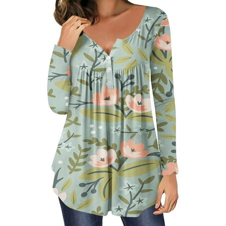 

Floral Tunic Tops for Women to Wear with Leggings Long Sleeve Henley Blouses Botton Up Shirts That Hide Belly Fat