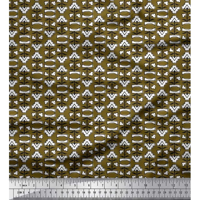 Soimoi Polyester Crepe Fabric Leaves & Floral Block Print Sewing Fabric Yard 52 Inch Wide