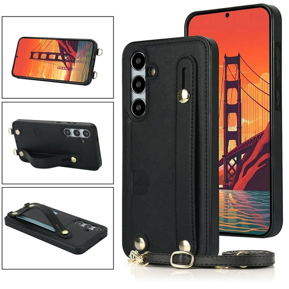 Allytech Slim Case for Samsung Galaxy S24 Plus with Card Slot & Shoulder Strap, Premium PU Leather Adjustable Strap Wristband Kickstand Shockproof Full Protective Cover for Women Men - Black