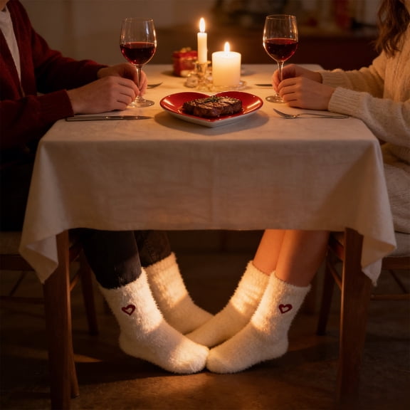 Valentines Day Cute Fleece Socks, White Puffy Mid-Calf Warm Cozy Floor Socks for Fall and Winter, Soft Thick Plush Socks