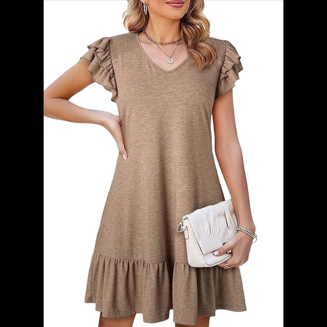 Robes d'Été pour Femmes à Volants Manches Courtes Smockées Col en V Décontractées Amples Ligne A Évasées Mini Robe Robe d'Été Kaki m