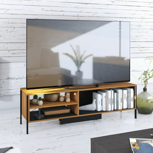 Mueble para TV 65' Playcon Praga Organizador Multiusos Negro y Madera Naranja