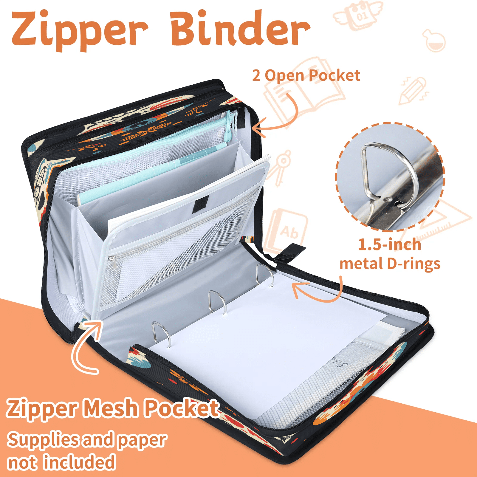 Herdesigns Sugar Skull Floral Zipper Binder with Shoulder Strap, Waterproof 1.5 Inch 3 D-Ring Binder Organizer Bag, Fits 13 Inch Laptop for Work,