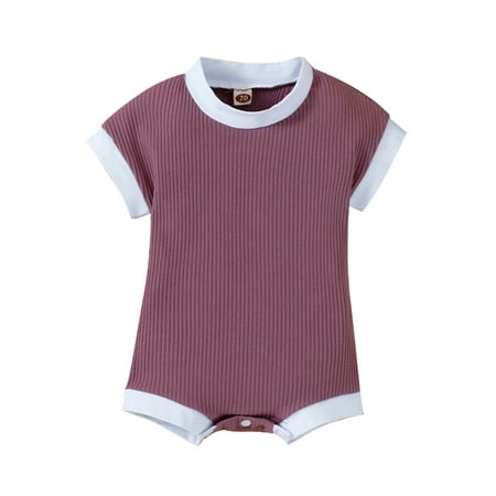 

Suanret Newborn Baby Girls Boys Summer Romper Color Contrasts Ribbed Short Sleeve Crew Neck Playsuits Jumpsuit Purple 0-3 Months