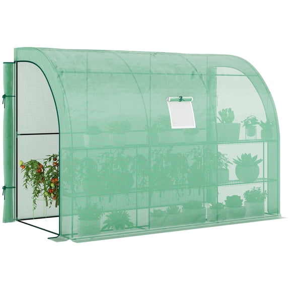 Washure 10'x5' Lean-To Walk-In Garden Greenhouse, Dual Zipper Entry Doors & Vent Windows, PE Cover with 3 Tier Plant Shelves, Green