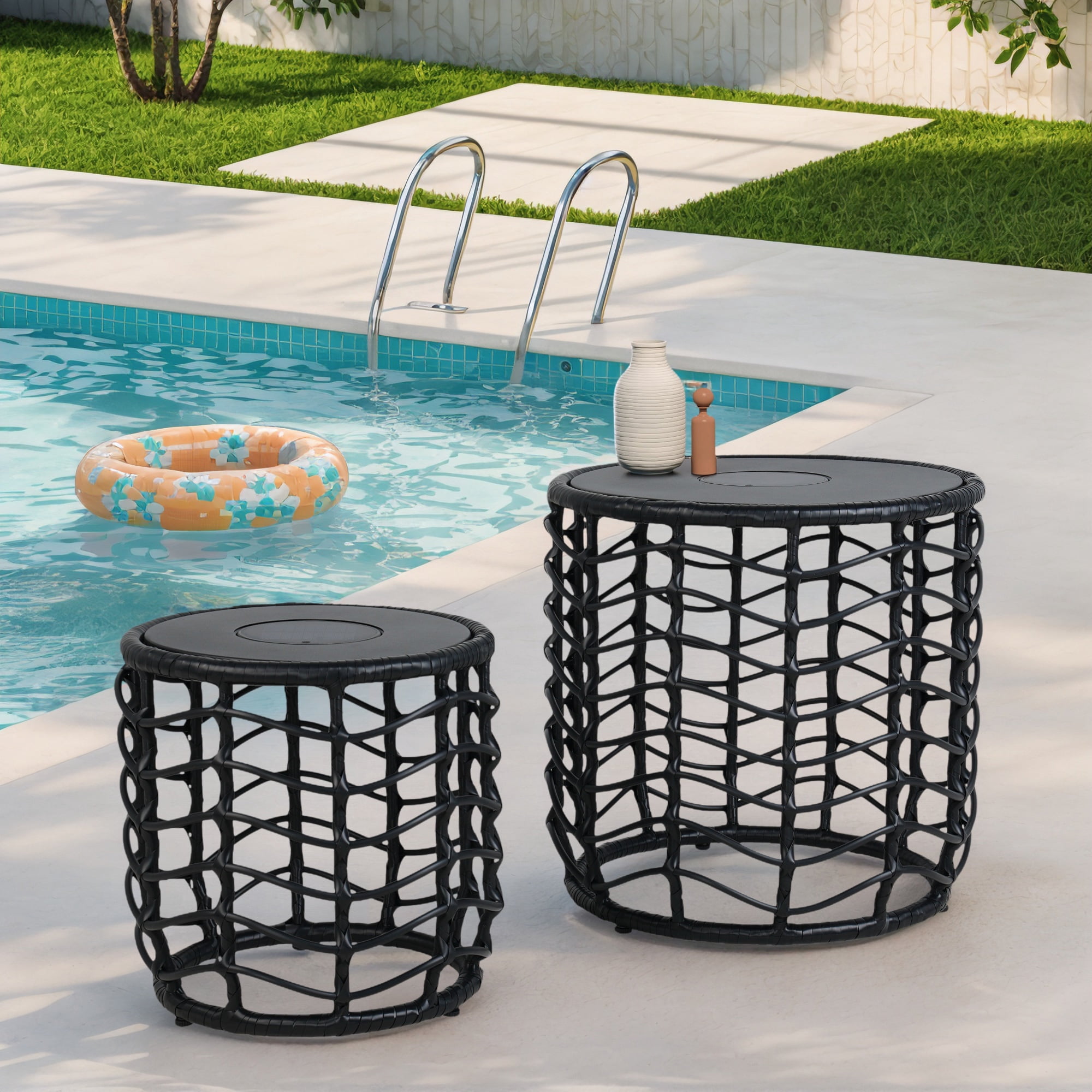 EVERITE Outdoor Side Table Modern Boho Style with Built-in Solar Lights Wave Wicker End Tables Set of 2,Black