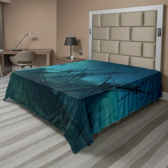 Ambesonne Underwater Flat Sheet, Dolphins Ship Sea, California King, Slate Blue Pale Blue