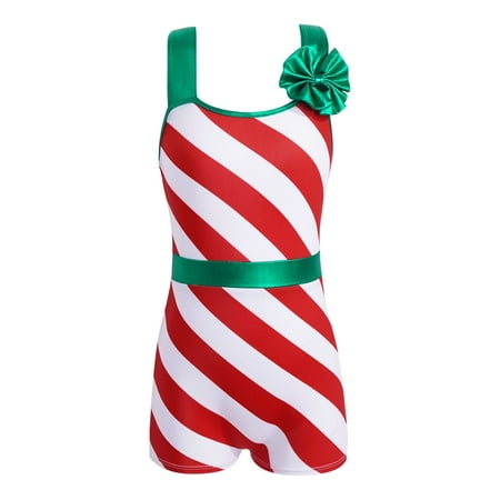 JanJean Girls Christmas Candy Cane Striped Unitard Kids Criss Cross Back Ballet Jumpsuit Dance Red 6