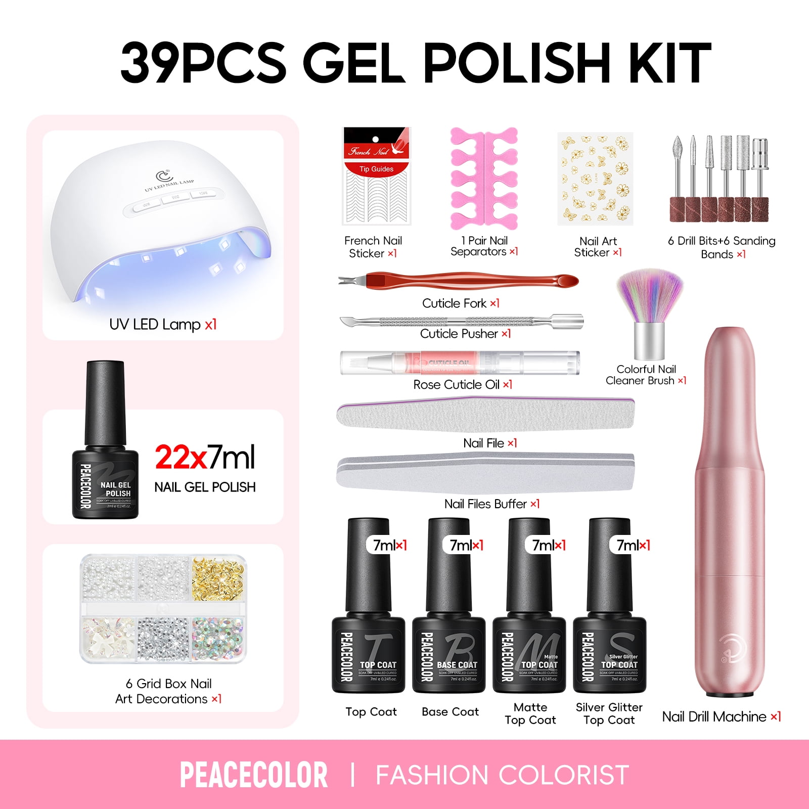 40PC Gel Nail Polish Kit with U V Lamp and Drill, White Black Red Blue Green 22Colors Gel Polish Set with Glossy Matte Glitter Soak Off Top Coat DIY Gifts for Women