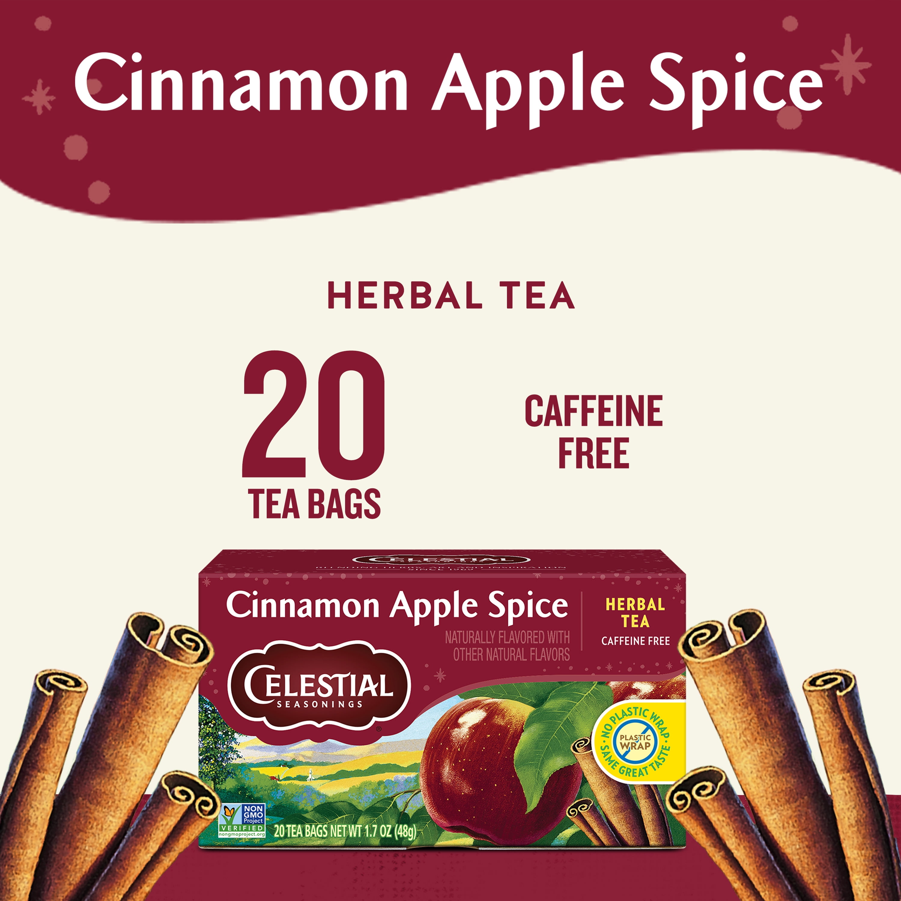 (6 pack) Celestial Seasonings Cinnamon Apple Spice Caffeine-Free Herbal Tea Bags (20 Count)