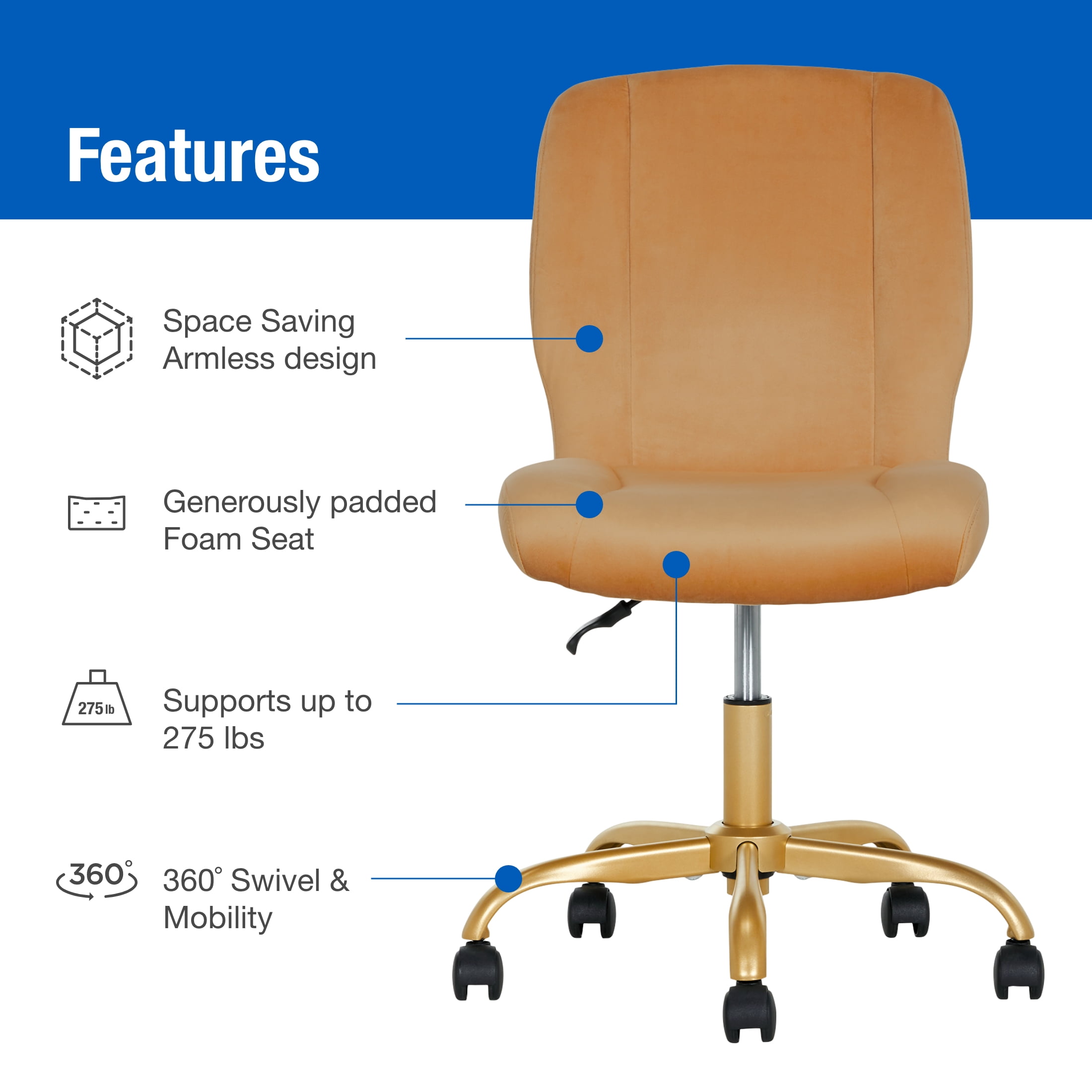 Mainstays Plush Velvet Office Chair, Dusty Gold
