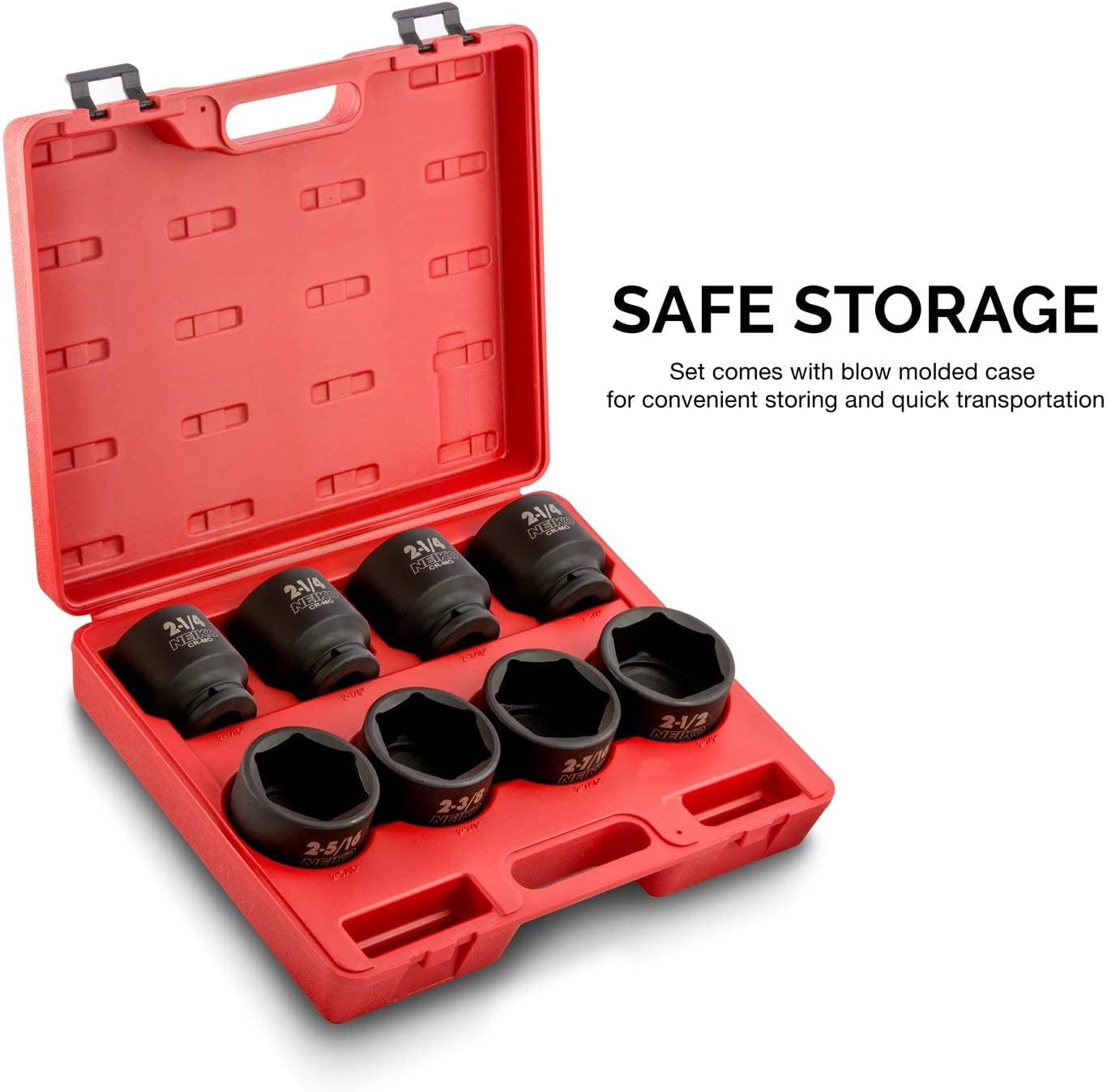 NEIKO 02392A 3/4" Impact Socket Set, 3/4” Drive, 8 PC Jumbo Sockets, SAE Standard Sizes 2-1/16 Inch to 2-1/2 Inch, Chrome-Moly Cr-Mo Steel