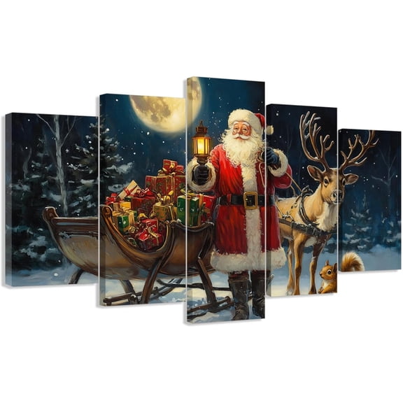 ZHONGYUTONG 5 Piece Christmas Wall Art Santa Claus and Reindeer Pictures Large Xmas Canvas Painting Prints Winter Holiday Home Wall Decor Framed (8x14inx2pcs 8x18inx2pcs 8x22inx1pcs)