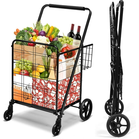 IRONMAX Jumbo Shopping Cart, Foldable Heavy Duty Grocery Cart w/ 360° Rolling Swivel Wheels & Double Basket, 330 LBS Weight Capacity, Folding Utility Cart for Grocery Laundry Luggage (Black)