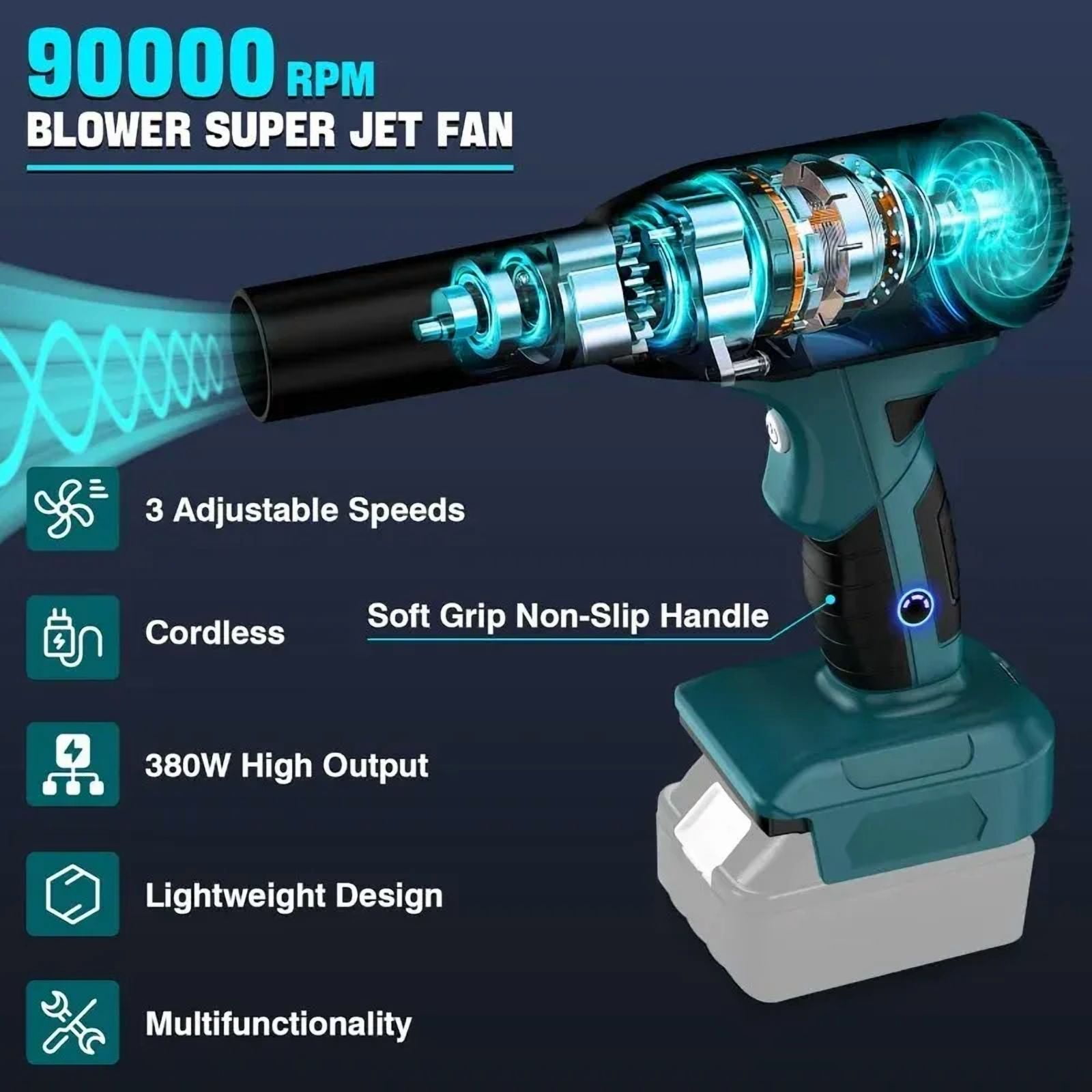 For Ma*kita 18V Battery, 90000RPM Jet Dry Blower, Cordless Handheld Electric Dust Removal Fan for Keyboard, Outdoor, Car Cleaner