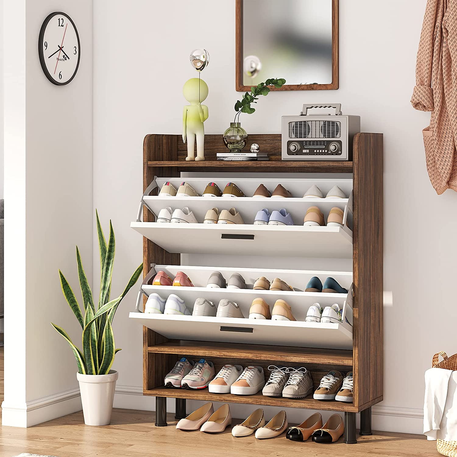 TribeSigns Tribesigns Shoe Cabinet with Flip Doors for Entryway, 2-in-1  Design Coat Rack Shelf with Shoe Storage Cabinet