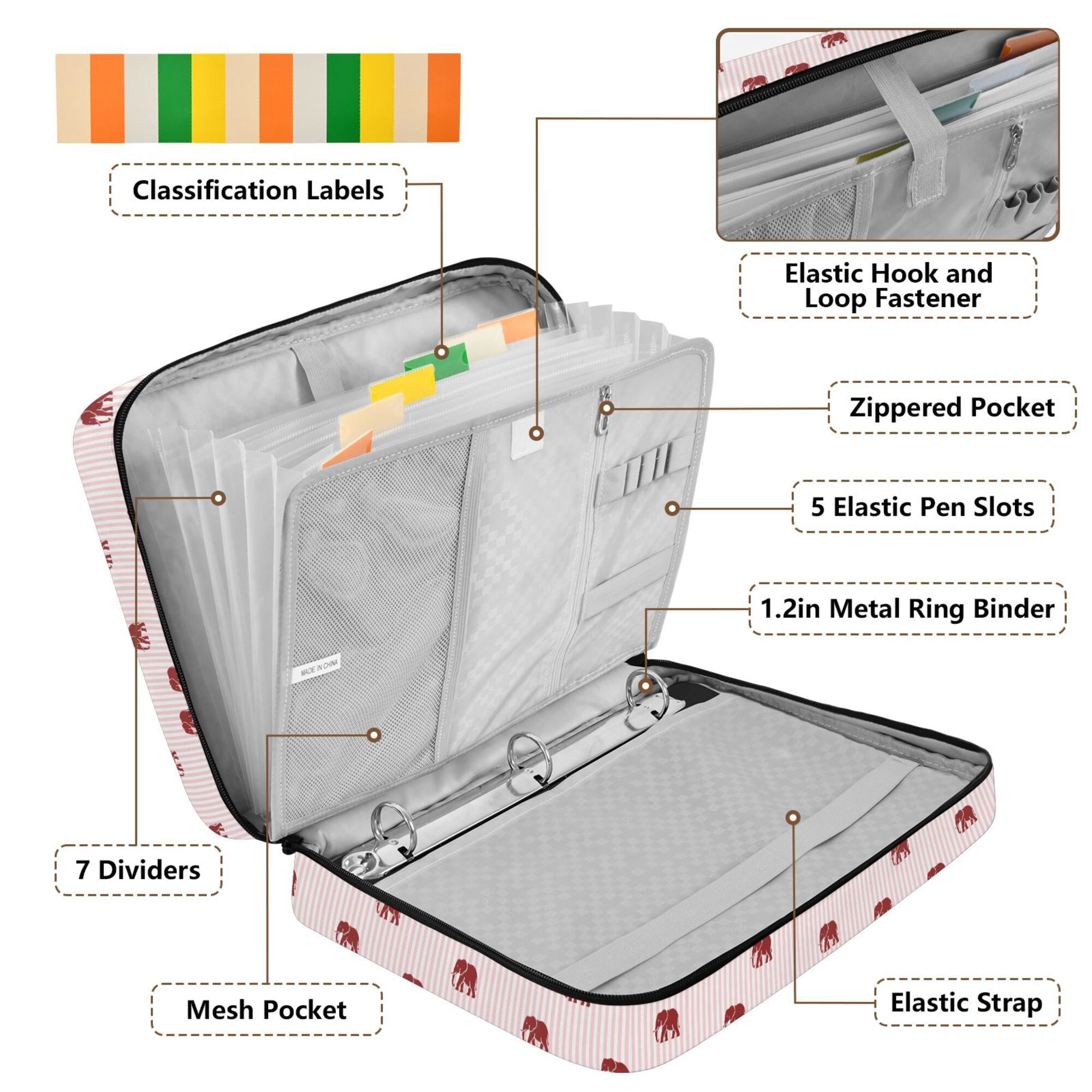 FORMRS Accordion File Folder A4 Size 7-Pocket Expanding Document Organizer Bag with 3 Ring Binder, Cartoon Elephant Pattern