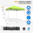 thumbnail image 4 of EAGLE PEAK 10x10 Slant Leg Pop Up Canopy Tent Easy One Person Setup Instant Outdoor Beach Canopy Folding Portable Sports Shelter 10x10 Base 8x8 Top(Fluorescent Green), 4 of 10