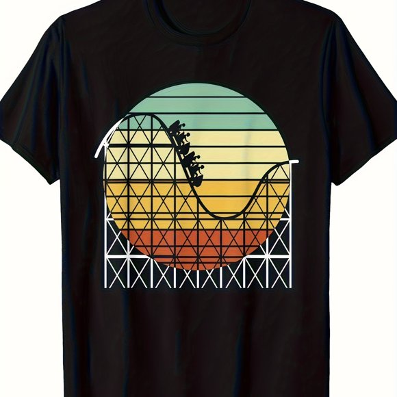 Vintage Amusement Park T-Shirt Featuring a Retro Roller Coaster Sunset Graphic - Comfortable And Breathable Loose Fit Tee for Both Men And Women, Ideal for Theme Parks And Gatherings