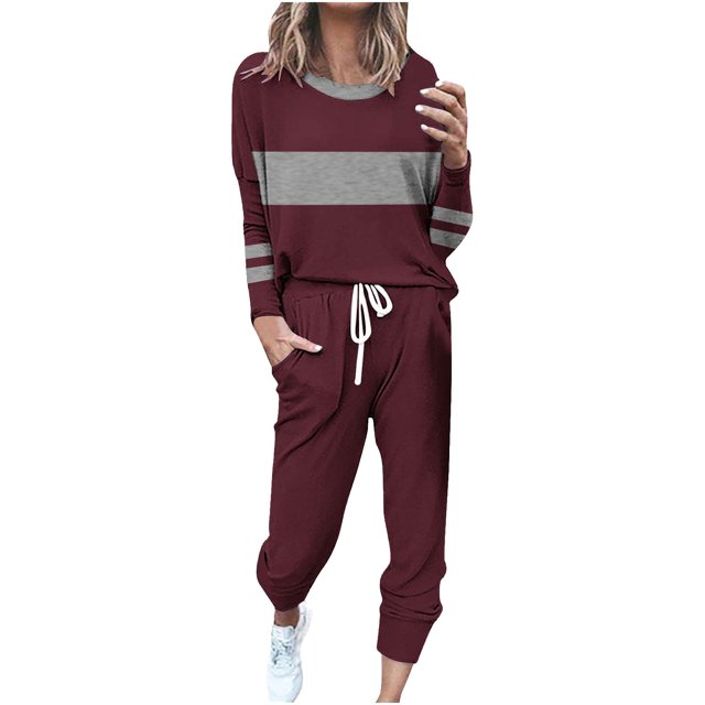 Posijego Ensemble Femme 2 Pcs Tenue Rayée Décontractée Manches Longues Col Rond Pantalon à Cordon Ensemble Détente S-5TG