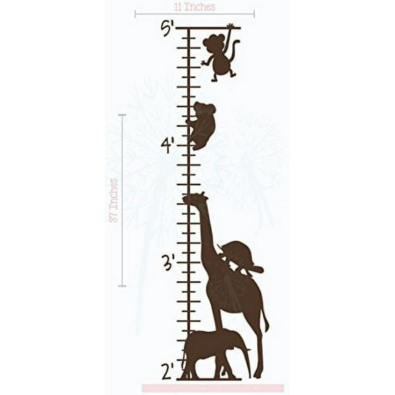 Zoo Animals Growth Chart Vinyl Decals Children Room Wall Sticker Art, 11x37-Inch Chocolate Brown