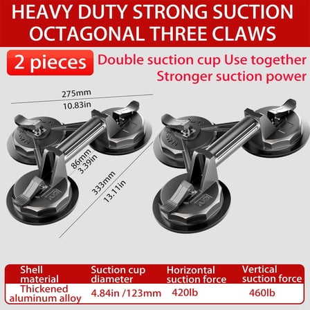 Heavy-Duty 3-Claw Glass Suction Cup | Professional Lifter for Heavy Tiles & Floor Tiles | Ultimate Glass Lifting Tool | 2-Piece Value Pack