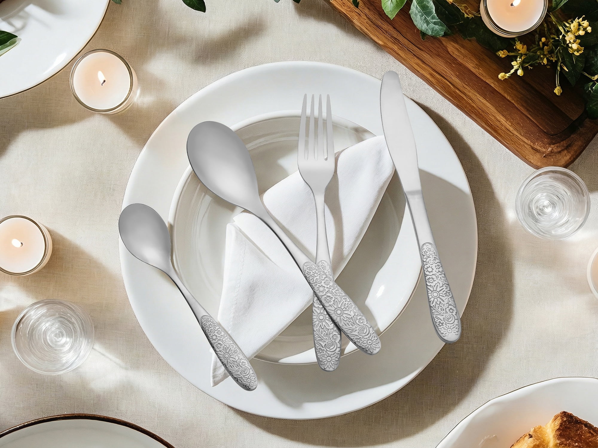 Unique Bargains 4 Piece Stainless Steel Floral Flatware Silver 4