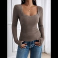 thumbnail image 4 of Camisas de Larga para Mujer, Cuello Cuadrado, Tops Cortos de Punto Acanalado, Conjuntos de Otoño, Ropa de Moda Color Café XXL, 4 of 10