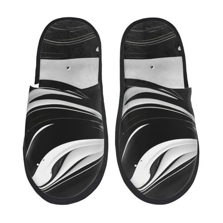 Balery Abstract Black White Swirls Slient Indoor Furry Fleece Comfort House Shoes Soft Non-Slip Home Shoes Cotton slippers House Slippers-- Large