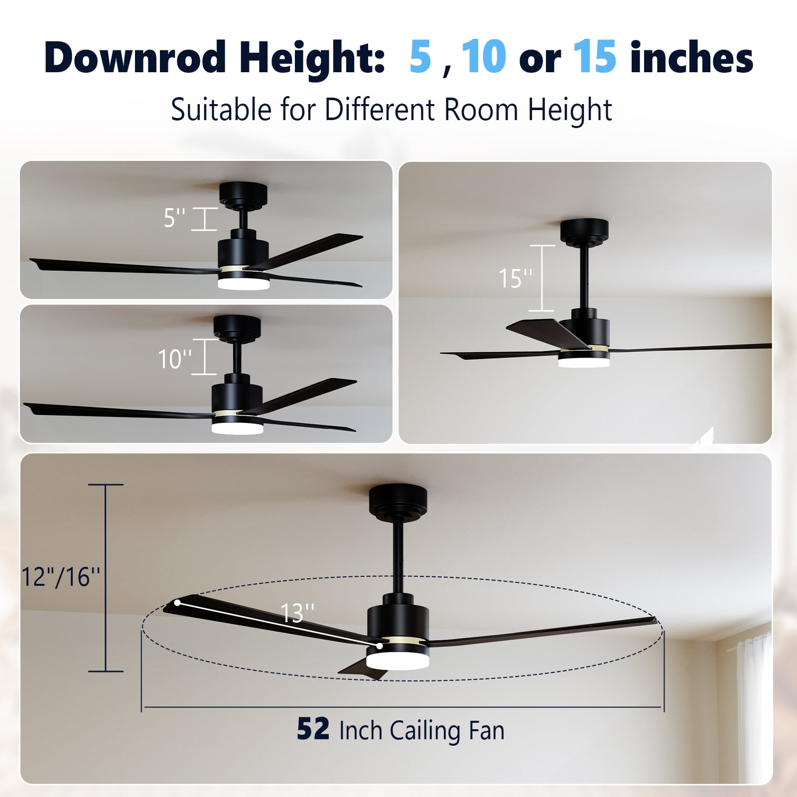 CRZOE Ceiling Fans with Lights, 52 inch Low Profile Ceiling Fan with Remote Control, Flush Mount, Reversible, 3CCT, Dimmable, Quiet, Black Small Ceiling Fan for Bedroom Indoor/Outdoor Use, Black