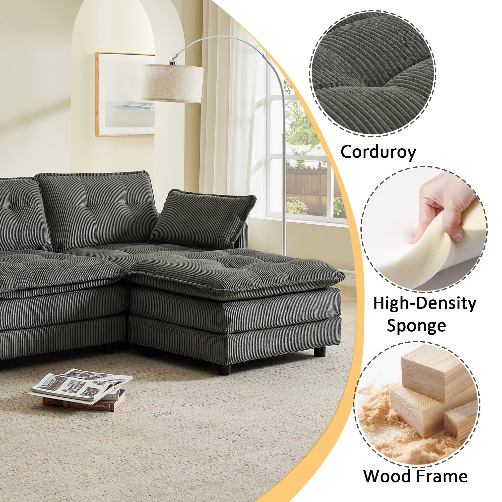 Gewnee 119" L-Shaped Sectional Sofa,Modern Corduroy Modular Sofa Couch with Storage Function,USB &Cup Holders,Movable Ottoman Sectional Couch for Living Room,Gray