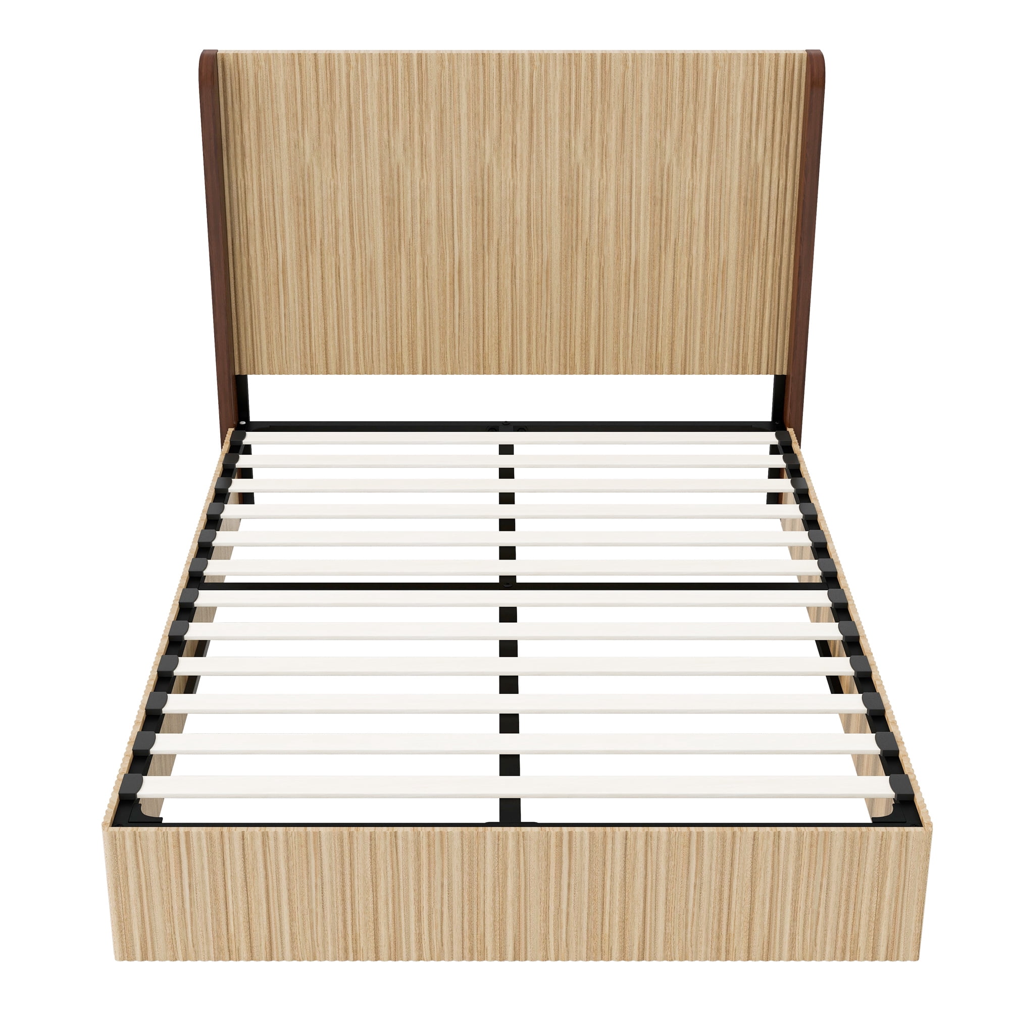 Mintazer Queen Size Vertical Fluted Platform Bed with Tall Wing Headboard, Low Profile Platform for Bedroom & Guest Room, No Box Spring Needed, Natural