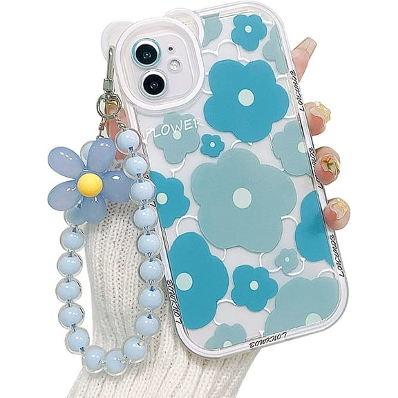 Compatible for iPhone 12 Case with Lovely Flower Bracelet Floral Bear Camera Lens Clear Case with Chain for Women Girls, Soft TPU Shockproof Cover- Bear Blue