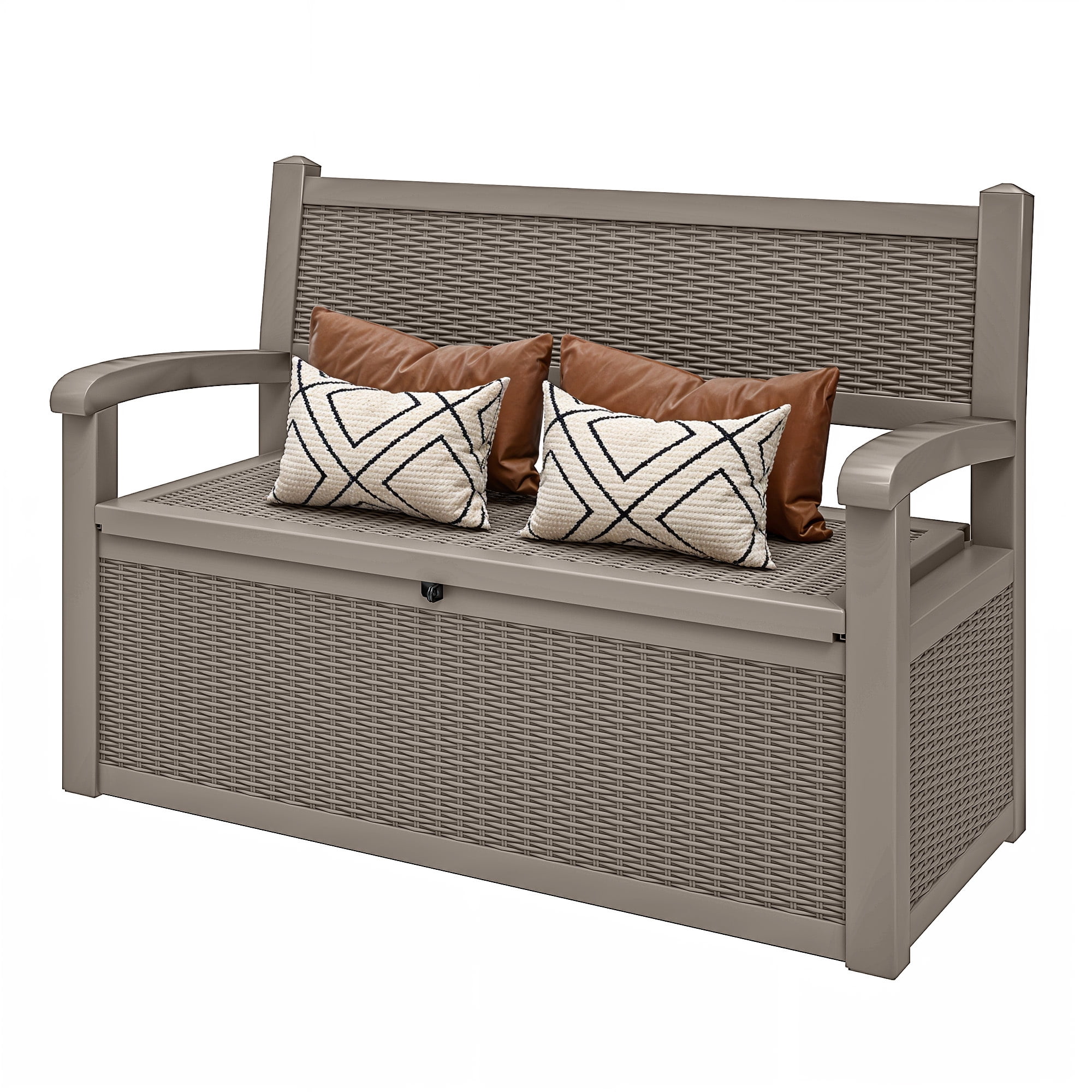 Uforic 70 Gallon Outdoor Storage Deck Bench with Armrests, Waterproof Lockable Storage Box for Patio, Garden, Pool & Porch, Light Brown