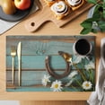 thumbnail image 2 of Placemats 1 Pack, Daisy Flower Woven Placemat, Linen Place Mats for Kitchen/Dining Tables, Vintage Horseshoes Farmhouse Wooden Grain Teal Washable Table Mats for Party, 2 of 8
