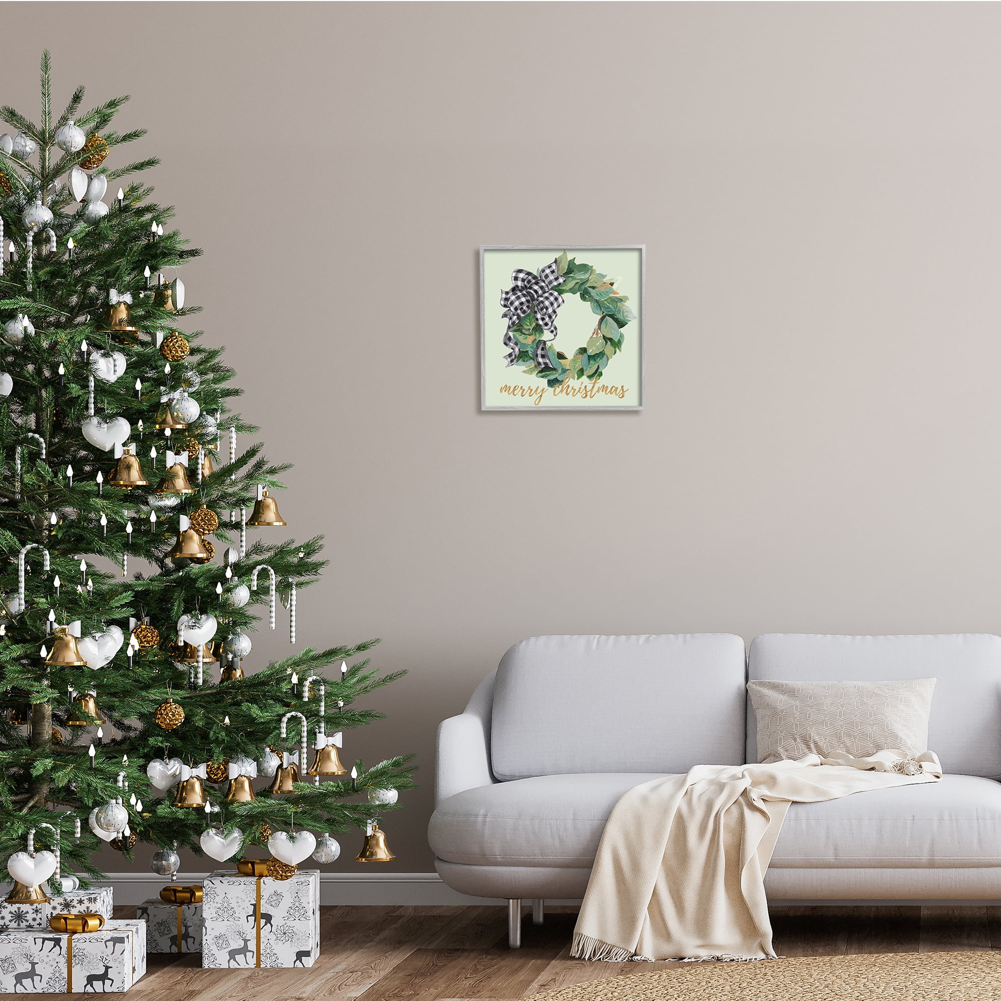 Stupell Industries Green Leaf Wreath Merry Christmas Phrase Plaid Bow, 17 x 17, Design by Patricia Pinto