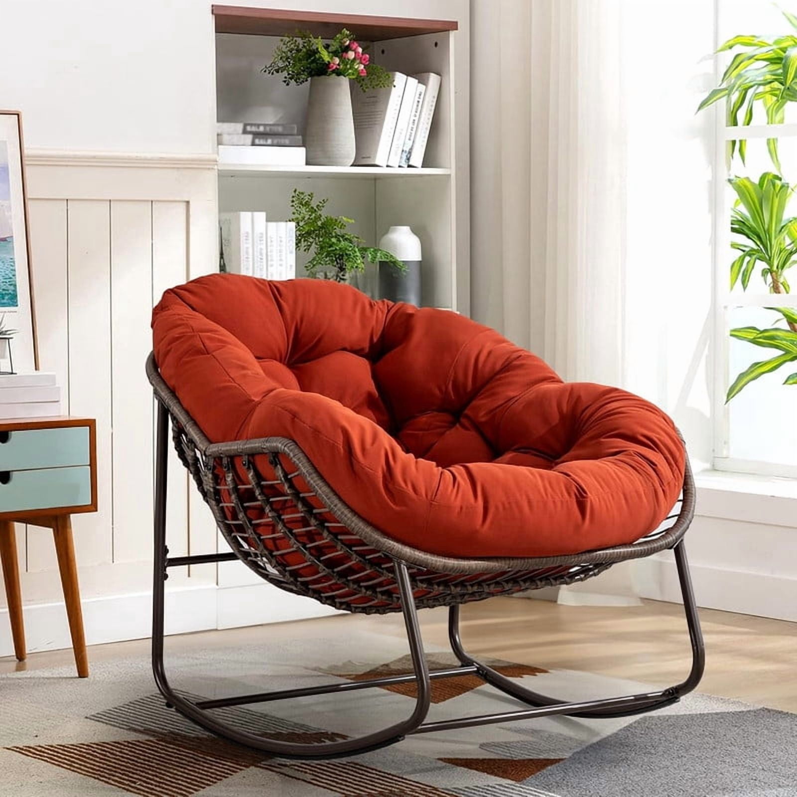 Outdoor Rattan Rocking Chair, Rocking Papasan Chair with Thick Cushion, Comfy Wicker Egg Chairs Lounge Recliner Chair, Padded Cushion Rocker