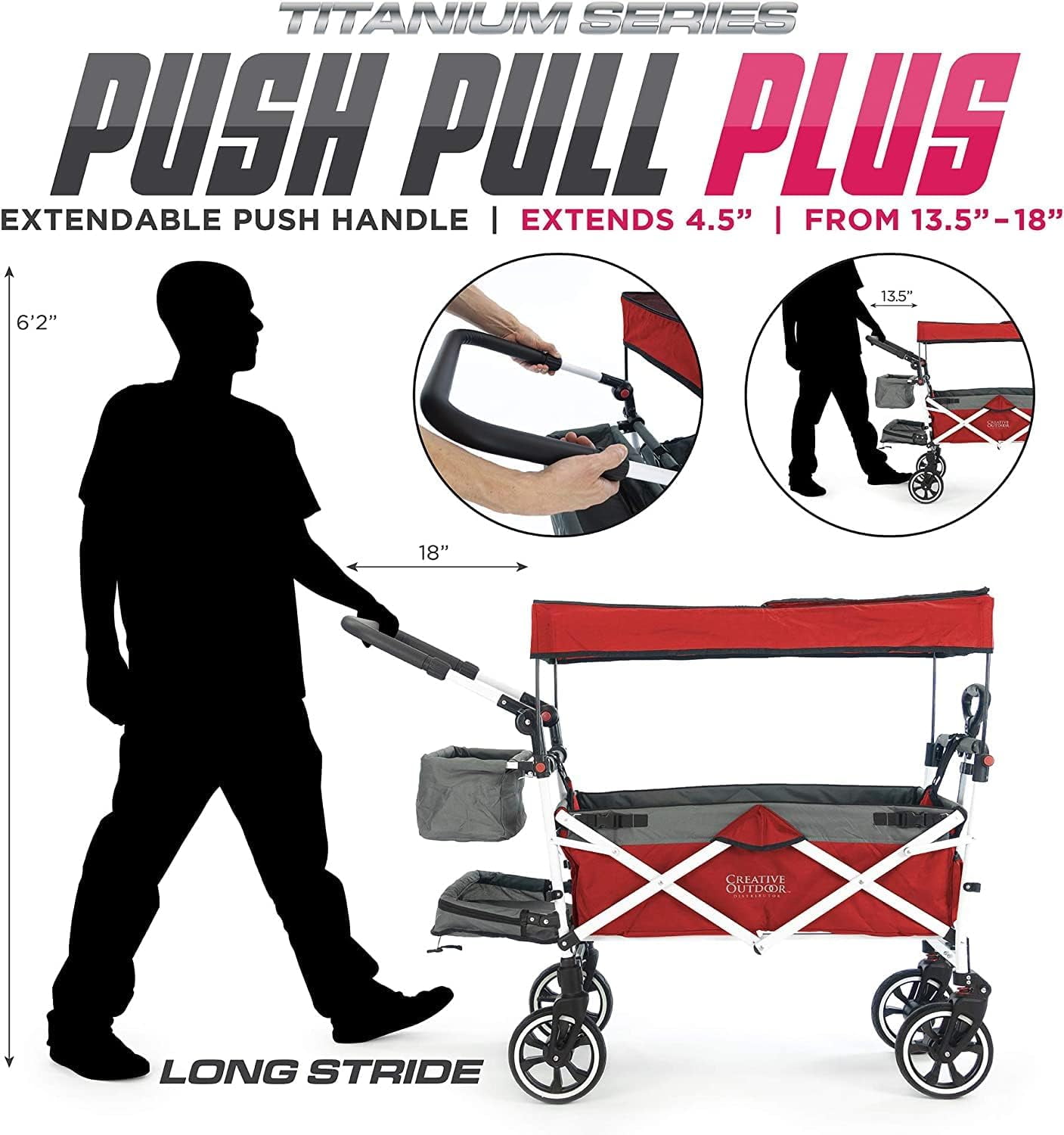 Creative Outdoor Titanium Series Push Pull Wagon Stroller with Canopy Folding Wagon for Kids, Red/Gray