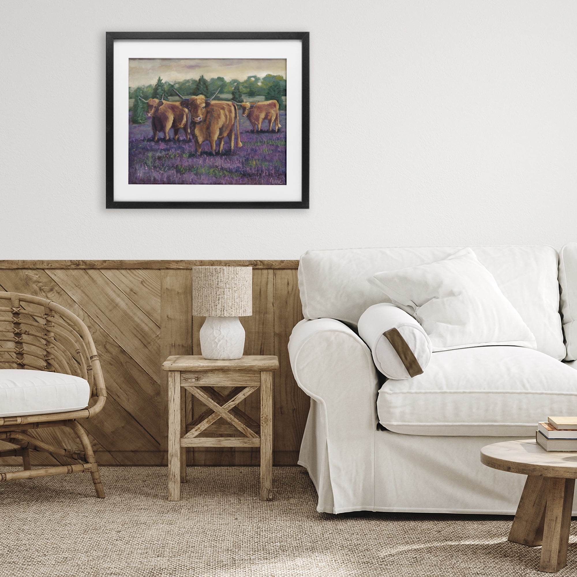 Purple Fields & Cows Black Framed Print Under Glass, design by Marnie Bourque