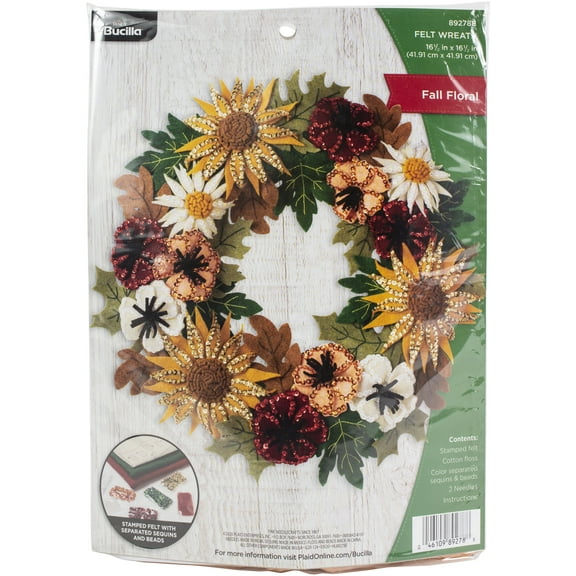 Bucilla Felt Applique DIY Holiday Wreath, Fall Floral, 16.5" x 16.5"