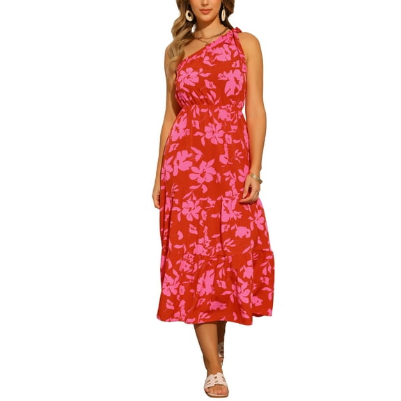 INSPIRE CHIC Women's Floral One Shoulder Sleeveless Boho Sun Maxi Dress  XS Hot Pink