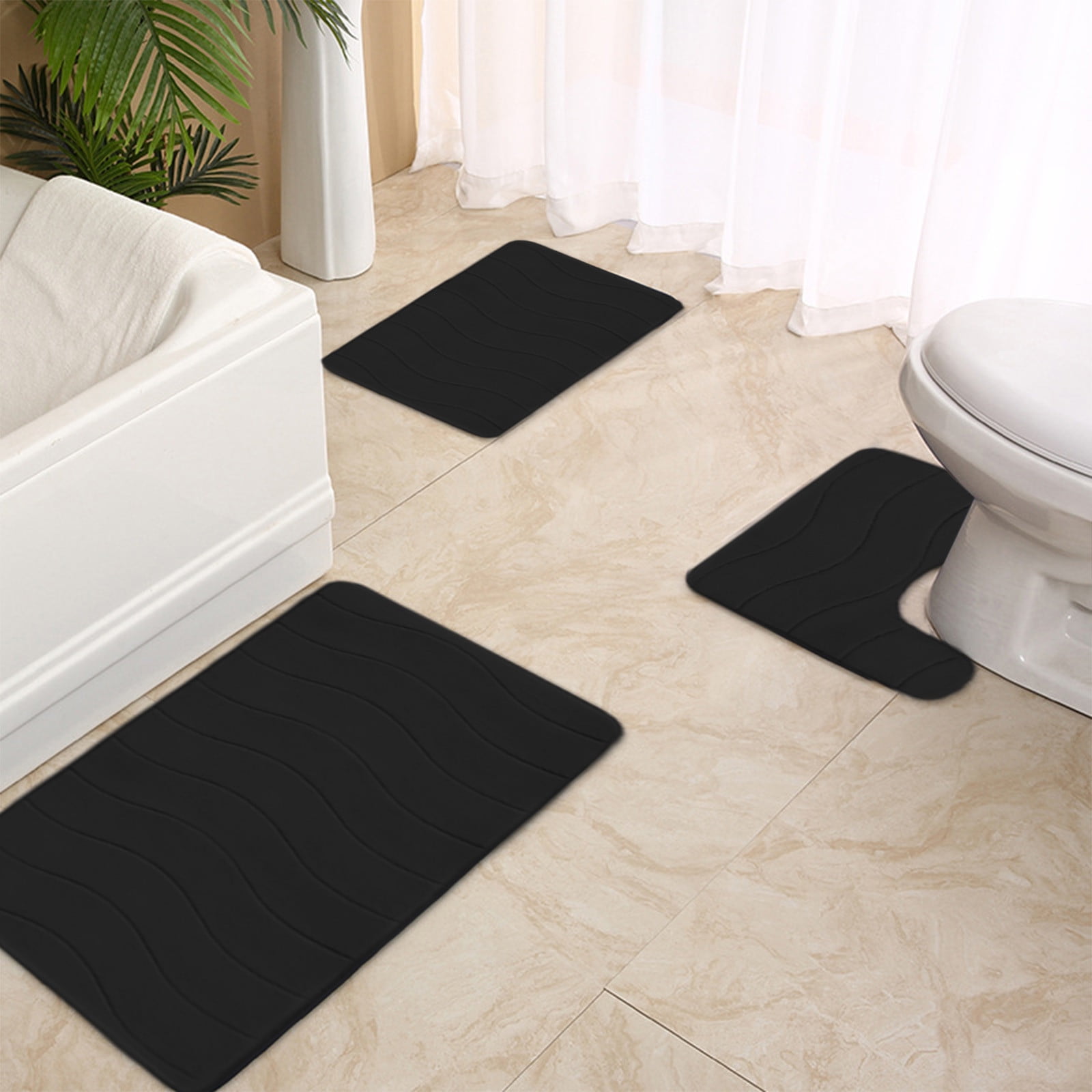 Beautynvta Memory Foam Bath Mat Set, 3 Pieces Quick-Dry Absorbent Bath Mats and U-Shaped Contour Rug for Bathroom, Non-Slip and Soft Comfortable, Black